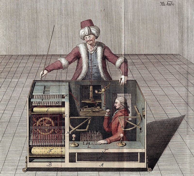 cross section of the mechanical turk chess machine - there's a human inside the wooden box