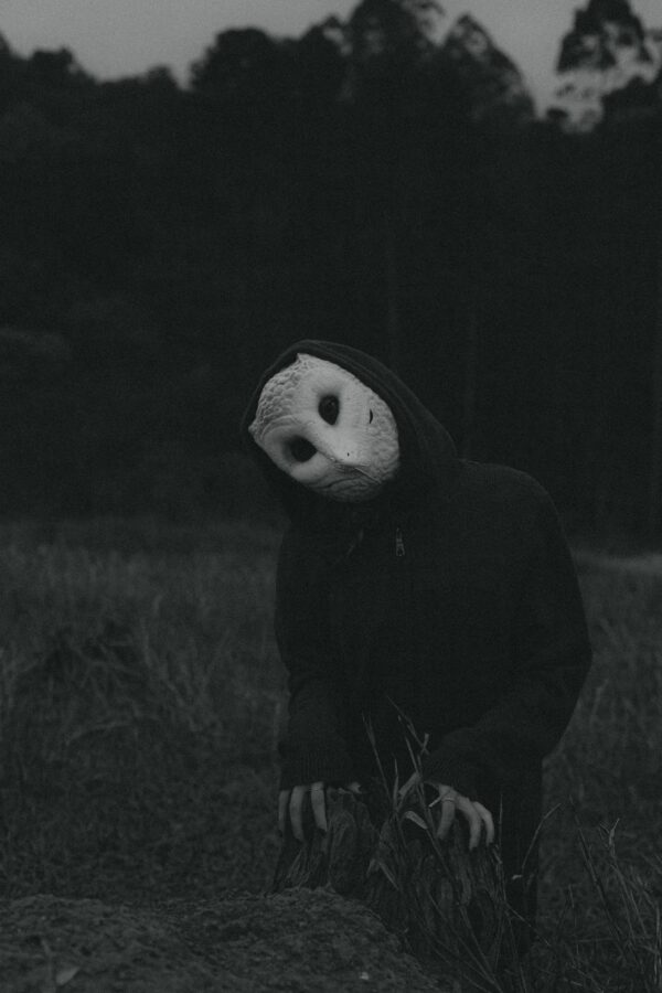 person wearing a scary halloween owl mask
